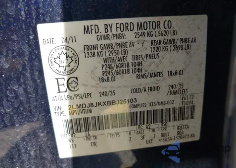 2011 Lincoln Mkx from USA, damaged, VIN 2LMDJ8JKXBBJ25103